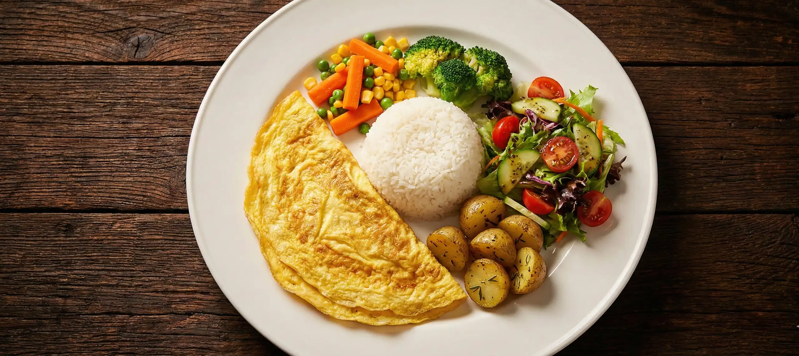 Omelette with rice, vegetables and salad